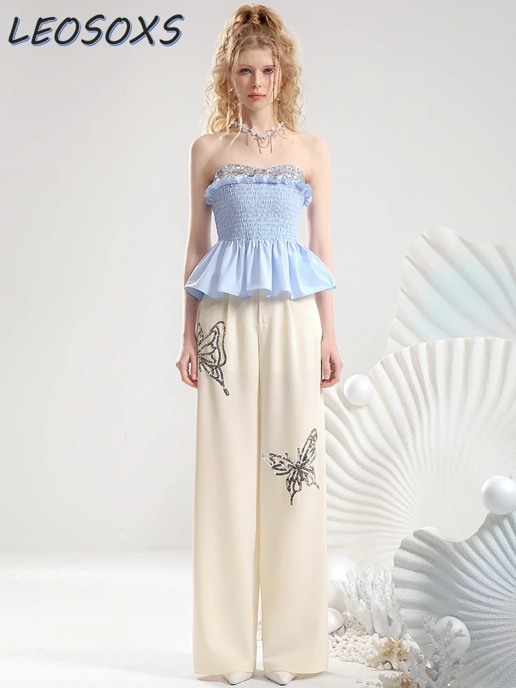 Romantic Temperament Trousers Suit Women Summer Pleating Sweet Strap White Vest Top Sequined Butterfly Wide-Leg Pants Pantalons