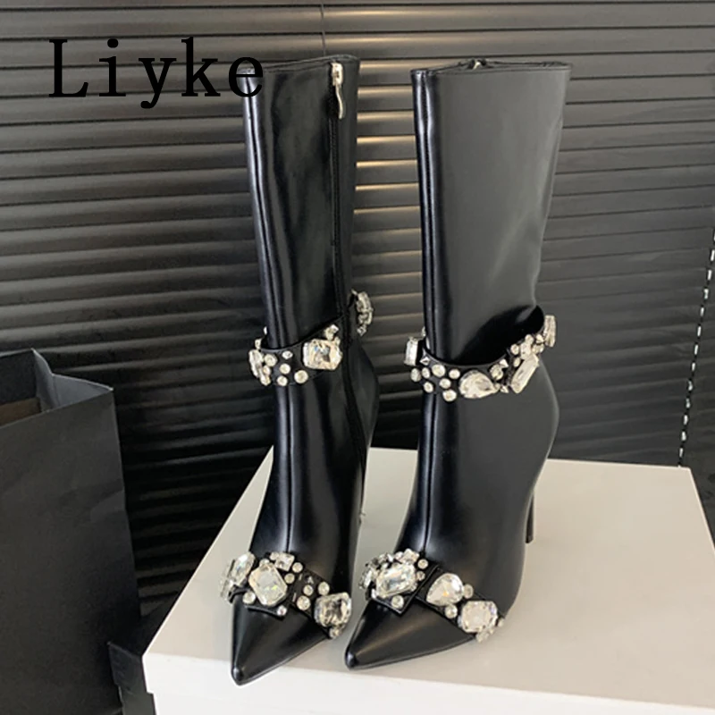 Liyke Fashion Crystal Gem Rivet Women Autumn Winter Shoes Zip Ankle Chelsea Boots Sexy Pointed Toe Party Stripper Heels Booties