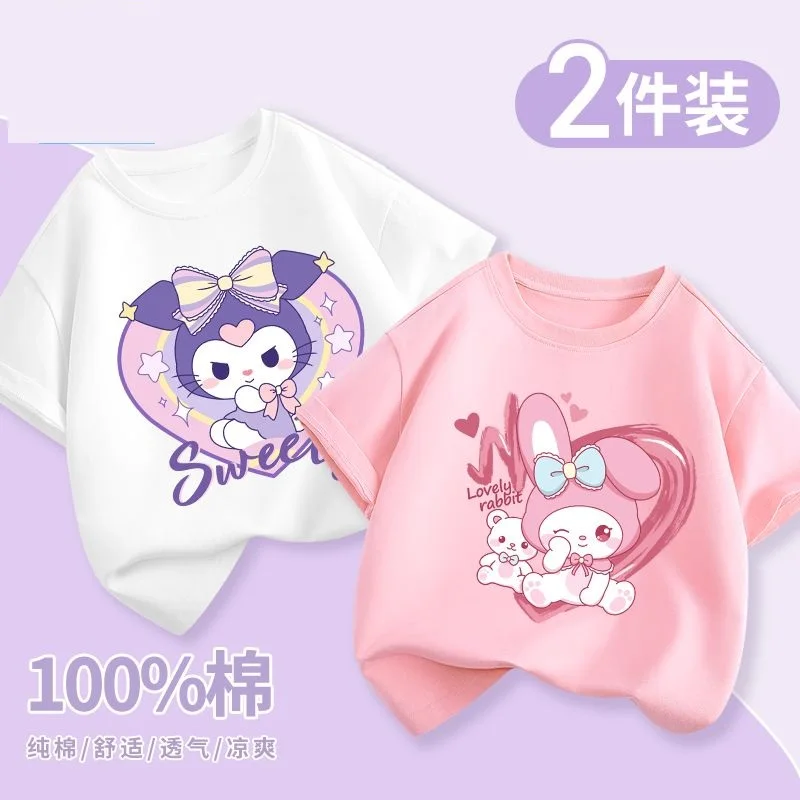 Camiseta infantil de algodão sanrioed Kuromi Cinnamoroll, blusa com gola redonda, manga curta, roupas casuais, verão, nova, 2 peças