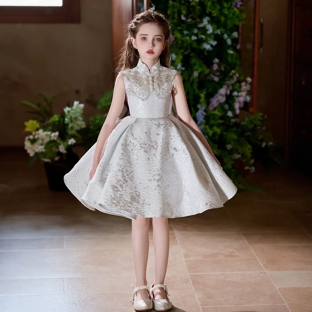 

Girl Princess Dresses New Silver Gray Flower Girls Wedding Party Dress Sleeveless Short Gowns Bow Beauty Pageant Gown Customized