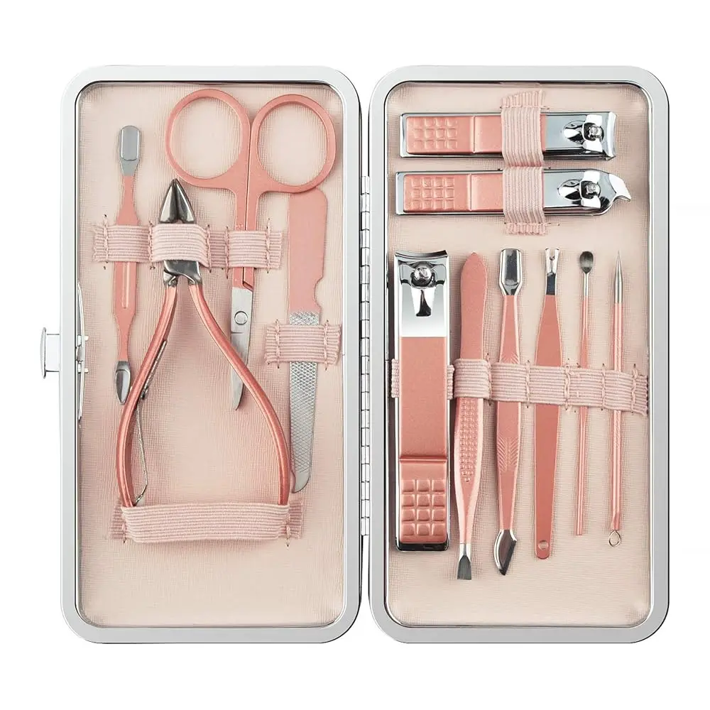 

Manicure Set, 12 In 1 Stainless Steel Professional Pedicure Kit Nail Scissors Grooming Kit with Pink Leather Travel Case Pink