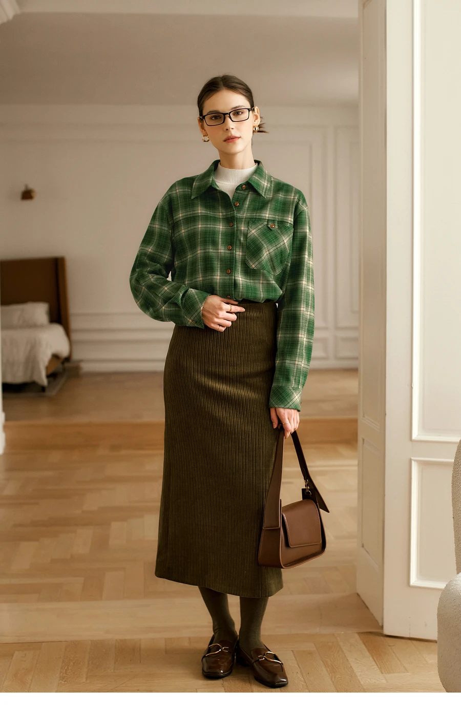 OLrain Green Plaid Women Shirts Spring 2025 Casual Loose Fit Commute Turn Down Collar Long Sleeve Spliced Button Tops O56DC95310