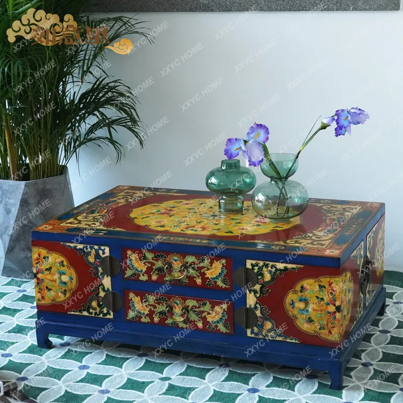 Retro old hand-painted living room floor cabinet coffee table rotating shaft with storage tea table