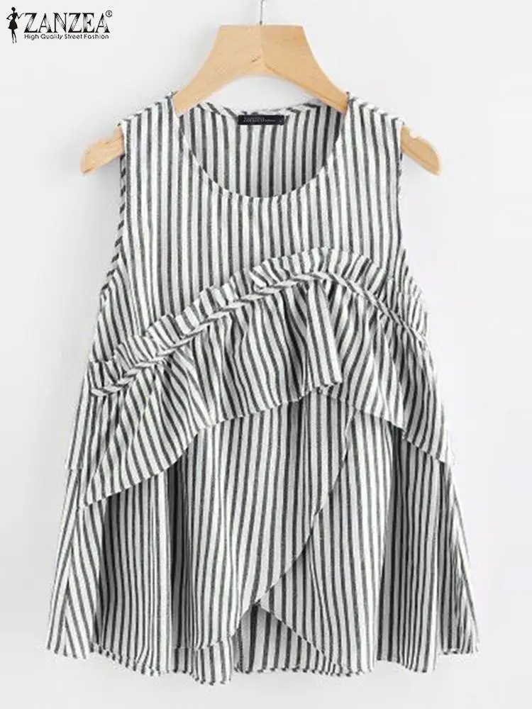 2024 ZANZEA Women Sleeveless Tanks Tops Summer Stripe Blouse Casual Loose Work Party Blusas Fashion Asymmetrical Hem Beach Shirt