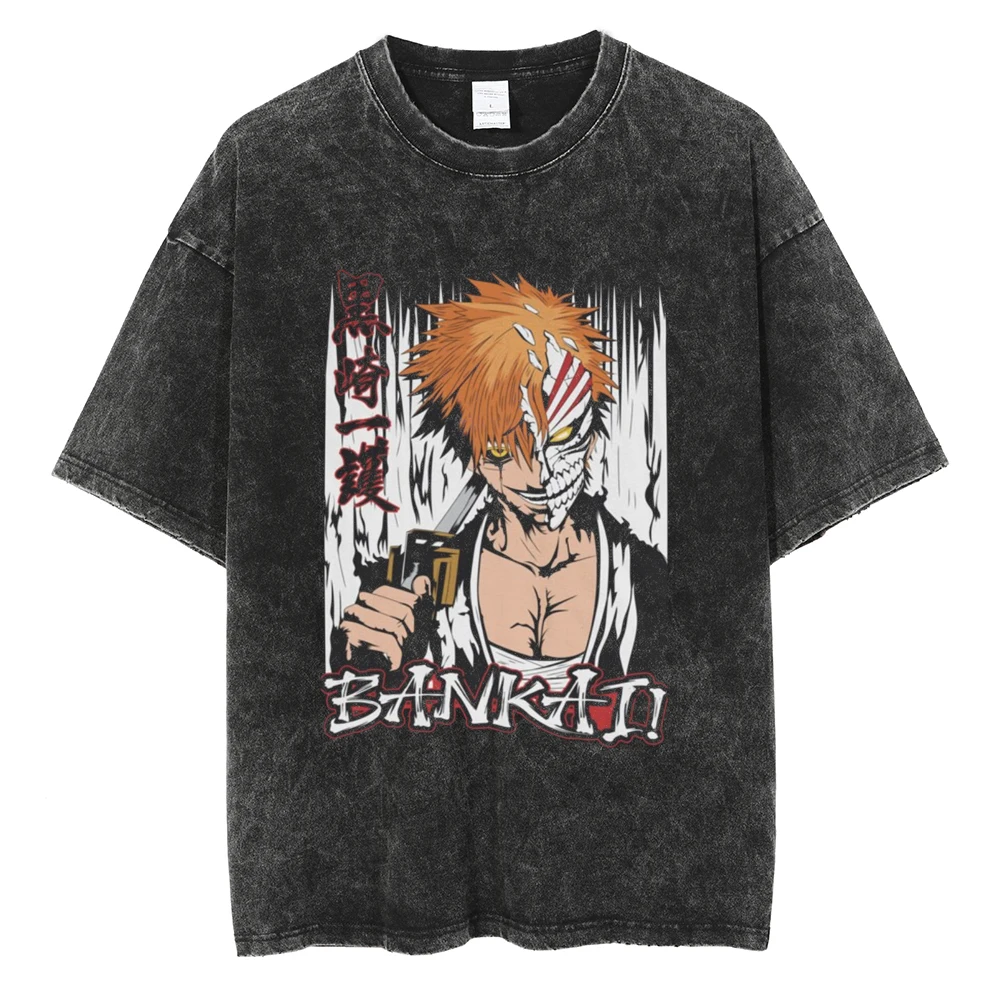 

Футболка Kurosaki Ichigo BLEACH с рисунком манги, мужская и женская одежда, хлопковая футболка с короткими рукавами, винтажная стираная уличная одежда большого размера