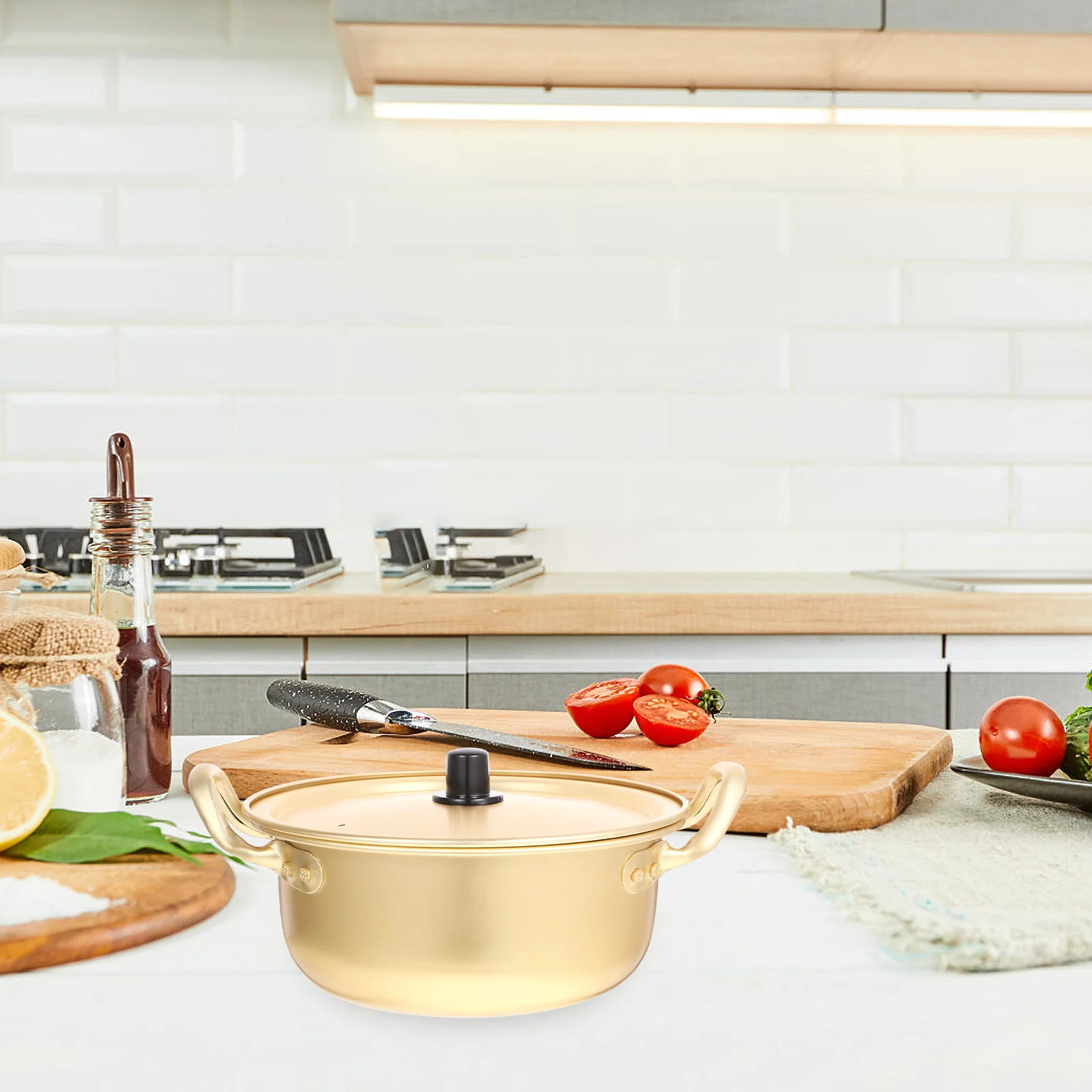 

1 set Ramen Pot Set Double Handle Aluminum Soup Pot For Instant Noodle Cooking Non-Slip Hotpot Grill Compatible Portable