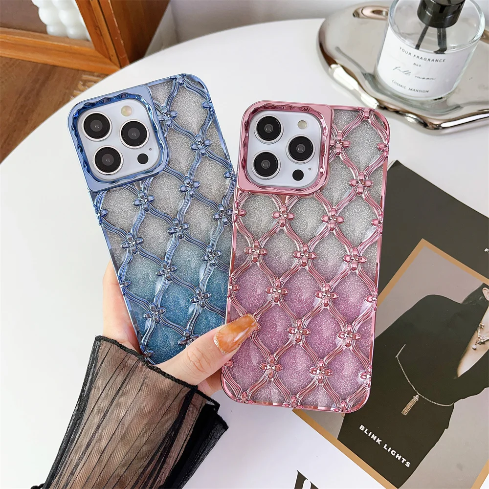 Luxury Starry Flowers Pattern Glitter Paper Case for iPhone 15 Pro Max 11 12 13 14 Pro Electroplated Gradient Sparkly Soft Cover