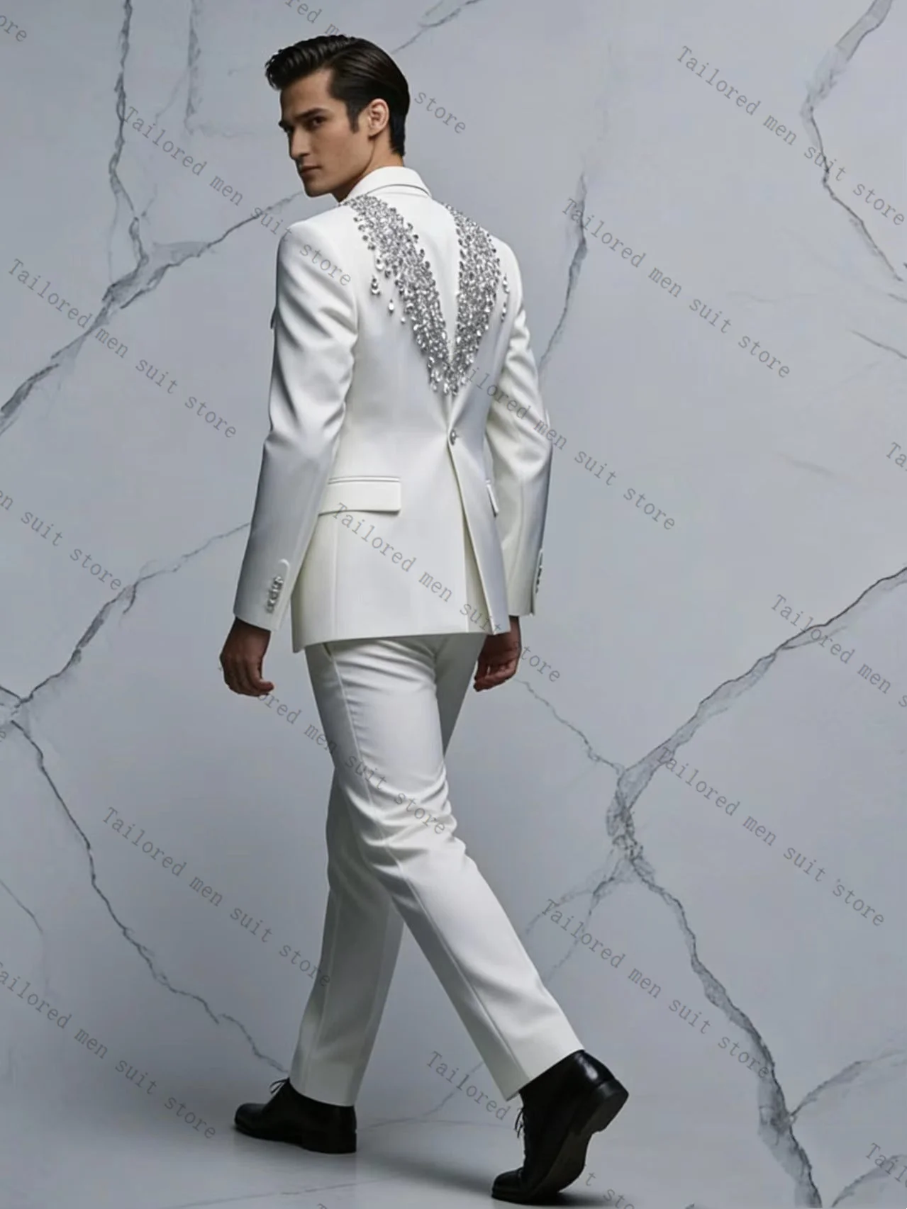 

White Men Suits Pants Set 2 Pcs Crystals Blazer+Cotton Trousers Groom Wedding Tuxedos Jacket Formal Office Business Coat Outfit