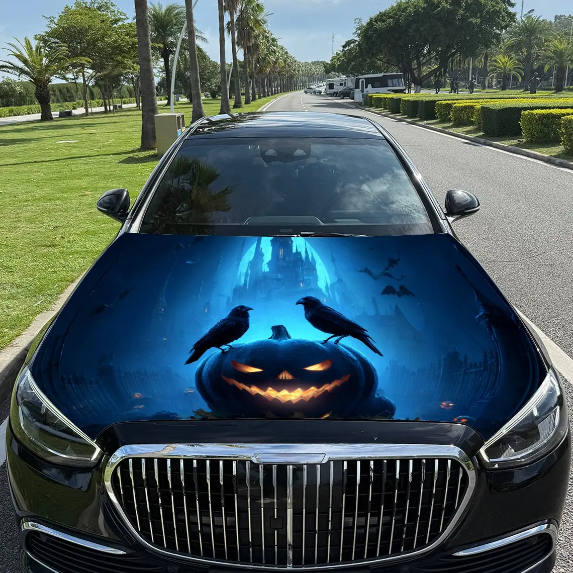 Halloween Pumpkin Raven and Castle Car Vinyl Wrap, PVC Waterproof Car Hood Sticker, Self-Adhesive Scratch-Resistant Stickers for