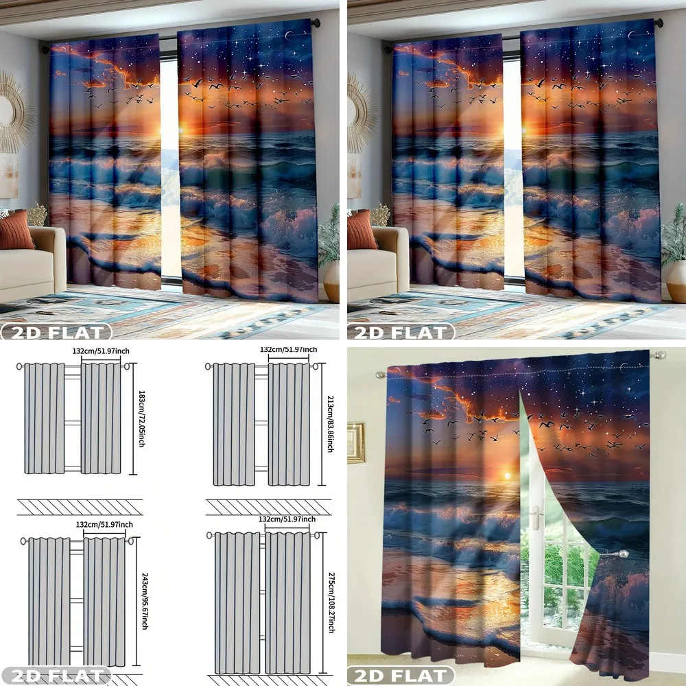 

2D FLAT 2pcs Curtains Ocean Sunset Sky Birds Waves Design for Balcony Bedroom Living Room Spring Summer Machine Washable Window