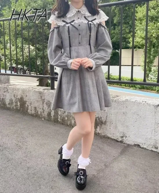 Japanese Mine Style Mass-Produced Slim Fit Long Sleeve Rojita Dress Lolita Sweet Off-the-Shoulder Lace Short Plaid Dress Women