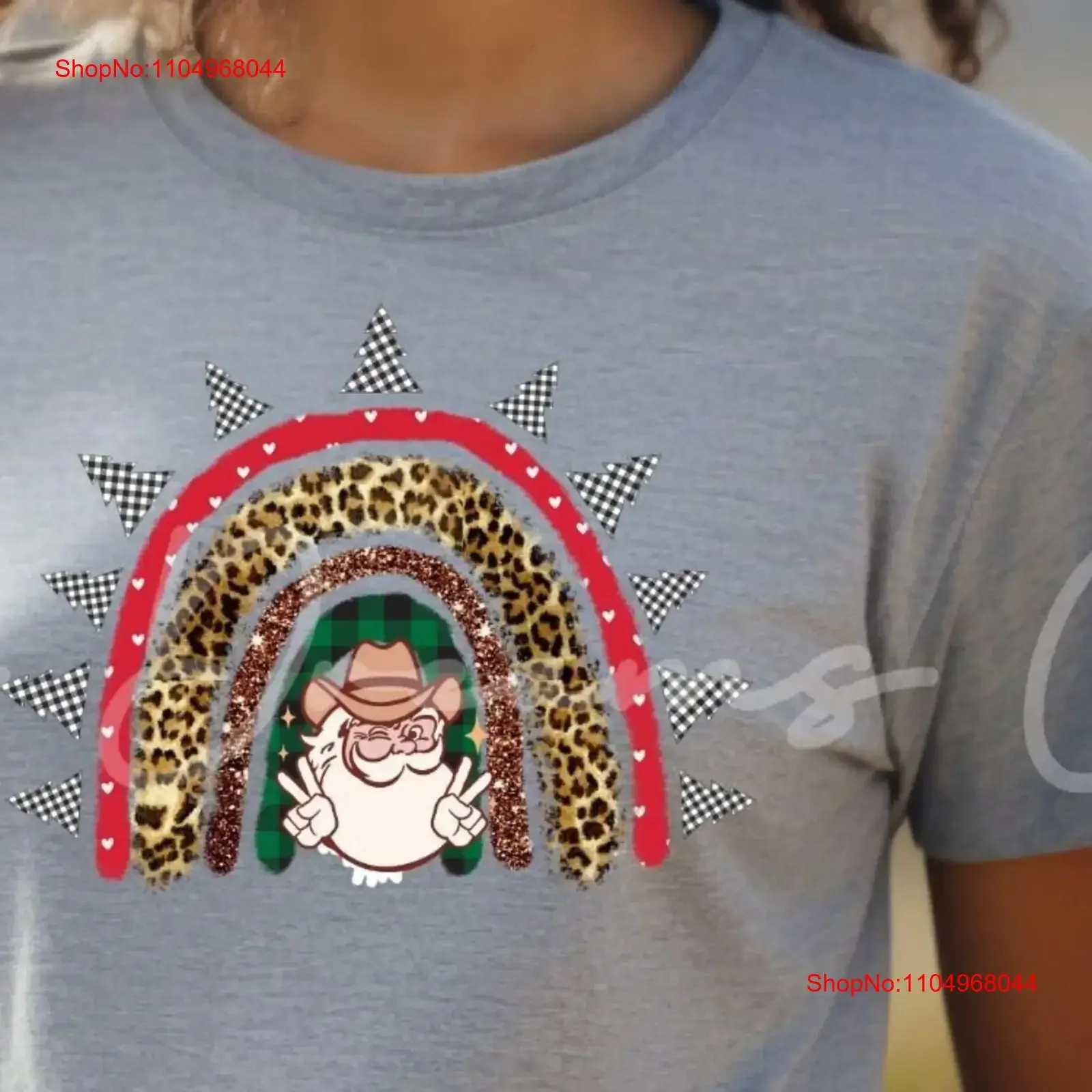 

Рождественская футболка в стиле бохо с радужным принтом в стиле вестерн Санта-Клауса, ковбойская елка с леопардовым принтом, женская винтажная стираная уличная одежда с графическим рисунком, модная мягкая