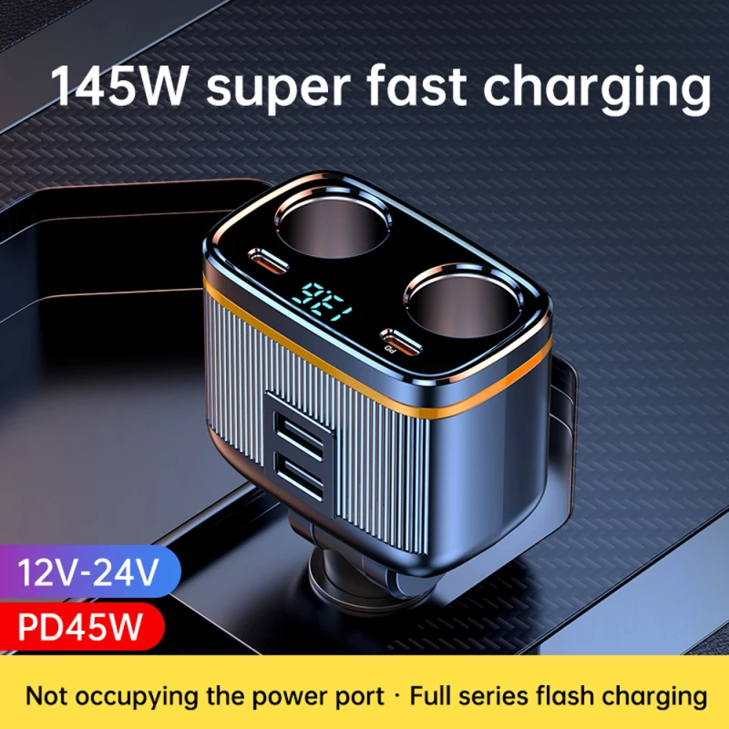 Car Chargers 145W High Power Charging Adapter 2-Socket Power Splitter 12-24V with PD45W+Type-C+2 USB Ports LED Voltage Display