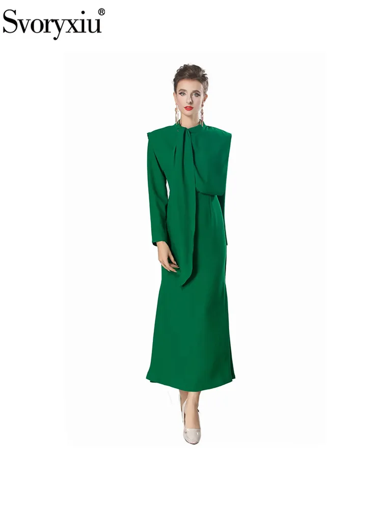 

Svoryxiu Fashion Runway Autumn Green Elegant Long Dress Women's Lace-Up Stand Collar Long Sleeve High Waist A-Line Dress