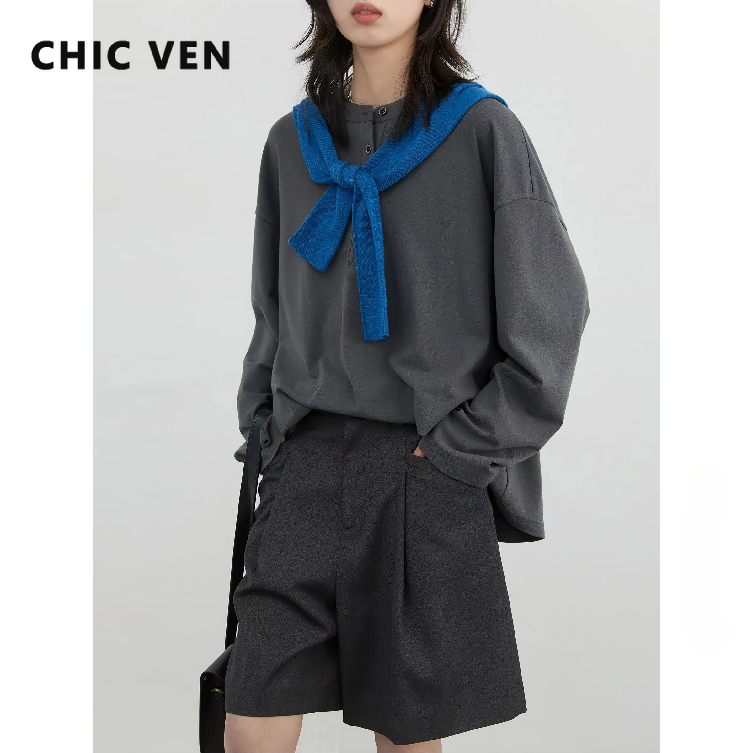 CHIC VEN Women Sweatshirts Casual Loose Solid Half Open Collar Long Sleeved T-shirt Elastic Female Tees Autumn Winter 2025