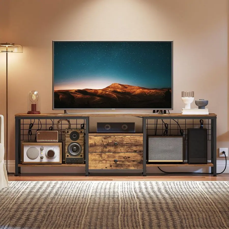 

TV Stand with Power Outlet Up to 75 Inch, Entertainment Center with 2 Fabric Drawers, TV Console Table with Open Storage Shelve