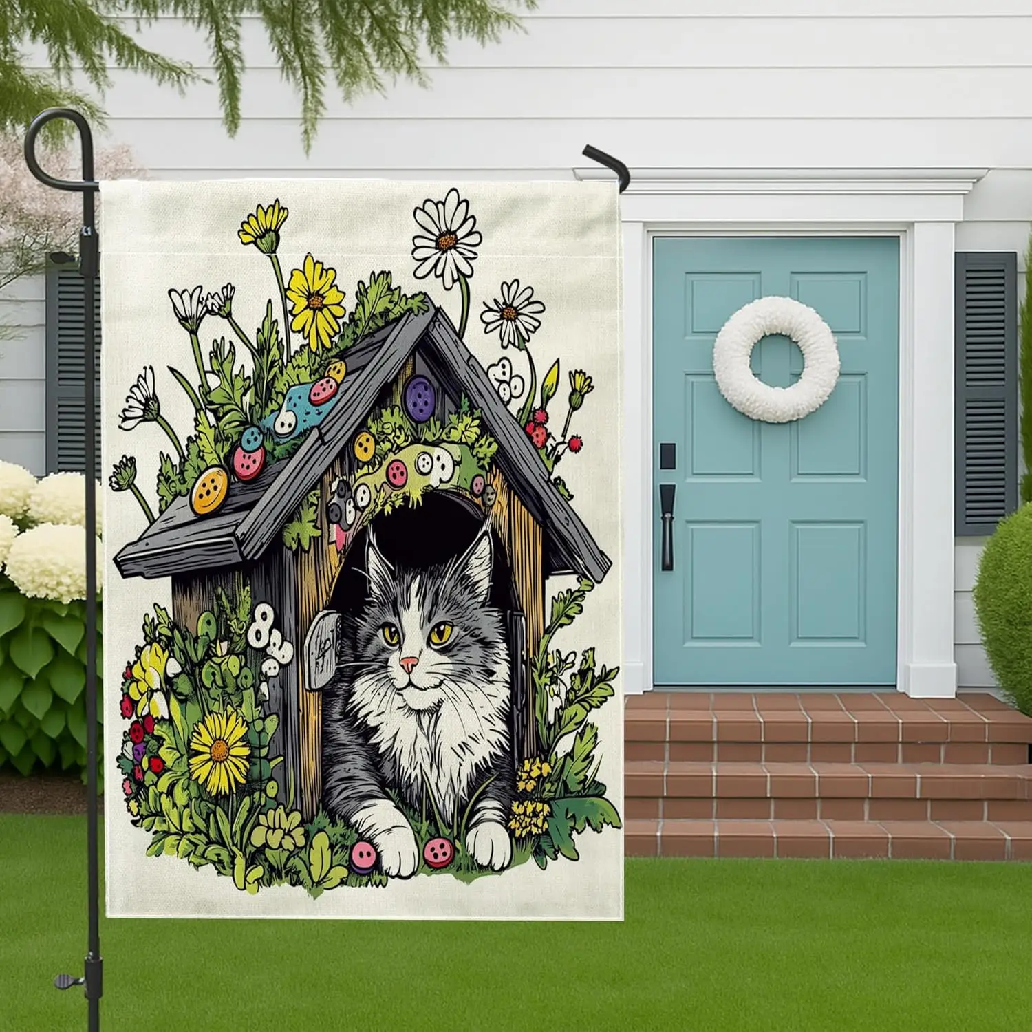 Spring Maine Coons Cat Garden Flags 12”x18” Double Sided for Outside Decoration, Fun Flower Kitten House FrontYard Canvas Fl PPM