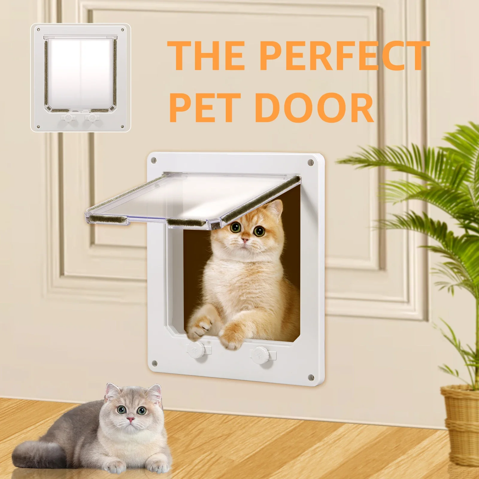 M/L Flap Cat Door Interior Door White Plastic Pet Door with Flap and 4 Way Locking Cat Puppy Safety Gate Pet Supplies Accessory