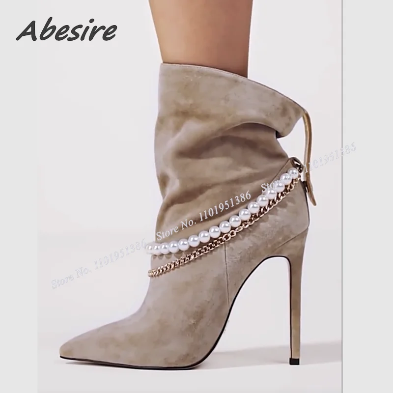 Abesire Khaki Chain Decor Slip on Ankle Boots Black Pleated Pearl Decor Pointed Toe Shoes for Women High Heels Zapatillas Mujer