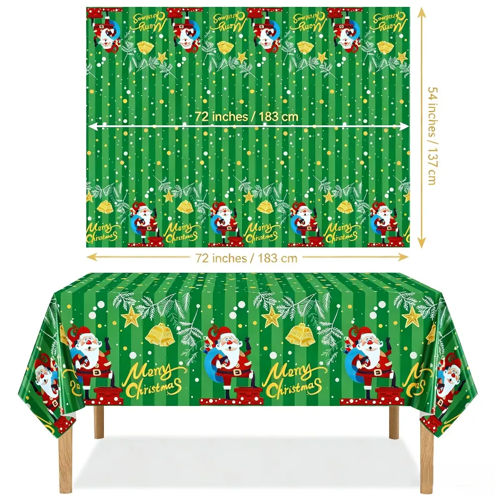 1/3Pcs Waterproof Aluminum Foil Christmas Tablecloth 54×72/54×108 Inch Green Stripe Santa Bell Print for Holiday Party Decor
