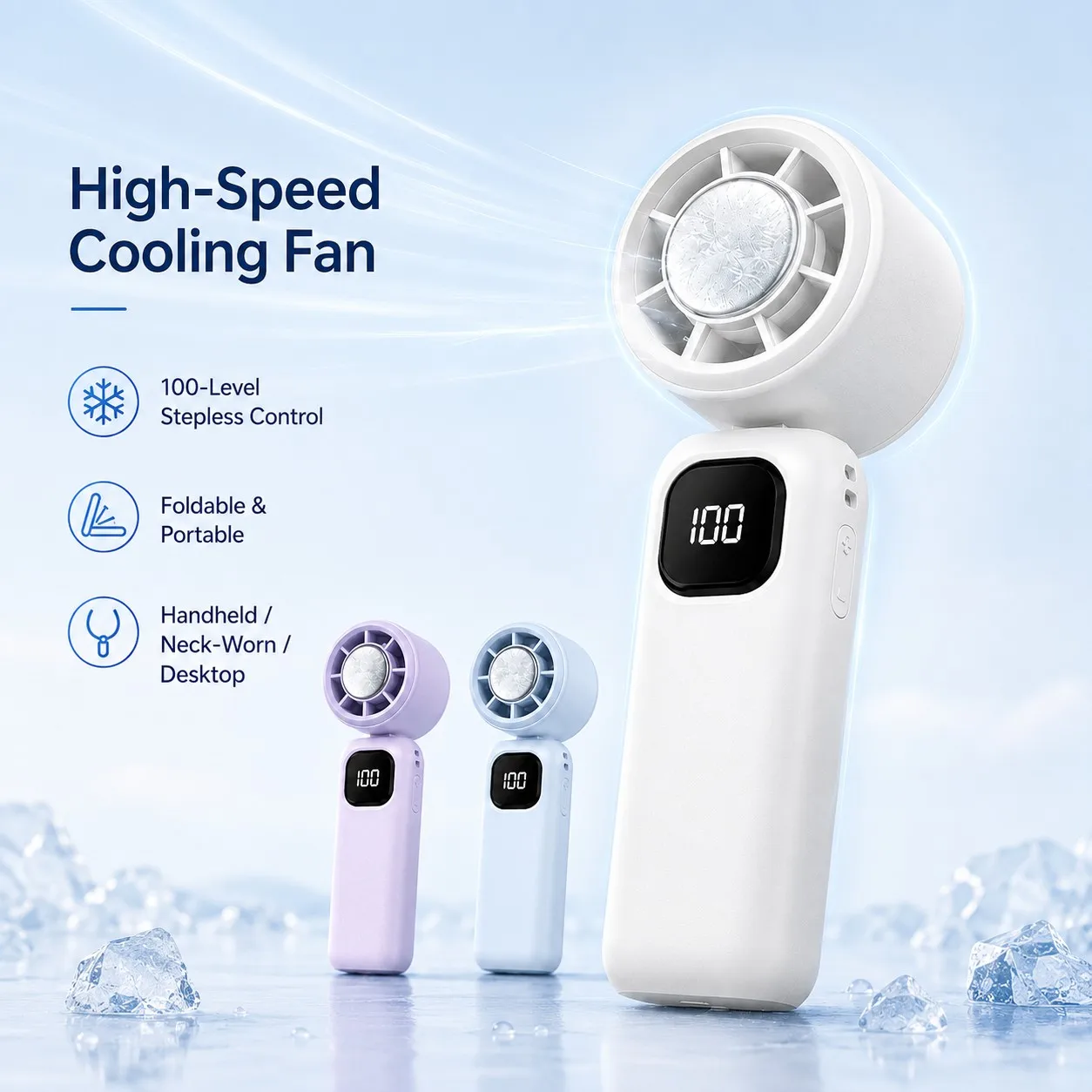 Portable Ice Cooling Handheld Fan 4000mAh, 100 Level Stepless Control, Foldable Design for Neck Hanging, Travel and Desktop