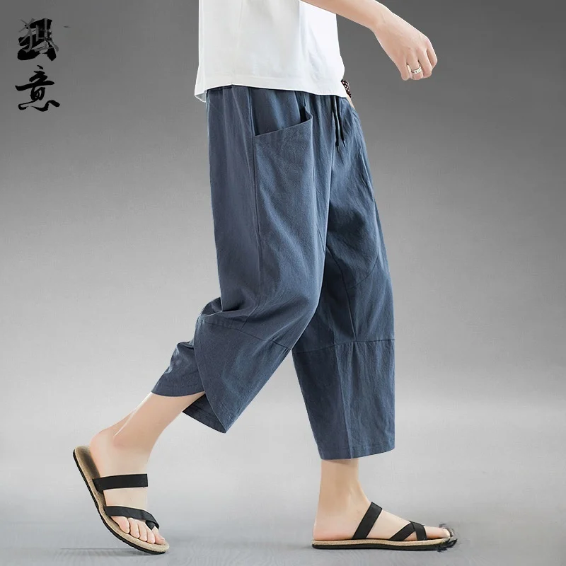 

Men's Summer Thin Linen Cotton Casual Wide Leg Pants Seven-Foot orts Loose Fit Beachwear Comfortable Breathable Loose Trousers