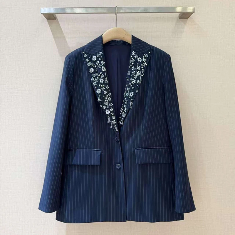 

Women's striped suit jacket, beaded embroidered loose-fitting jacket top, high-quality suit trousers set, autumn, new arrival,