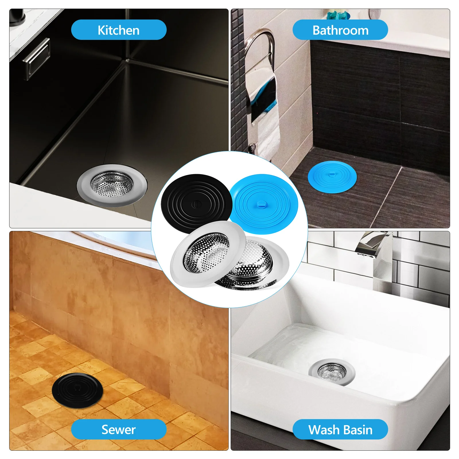 

4 pcs Strainers Silicone Tub Stoppers Bathtub Drain Hair Catcher Set For Bathroom Laundry Floor Drain Filter Basket Universal