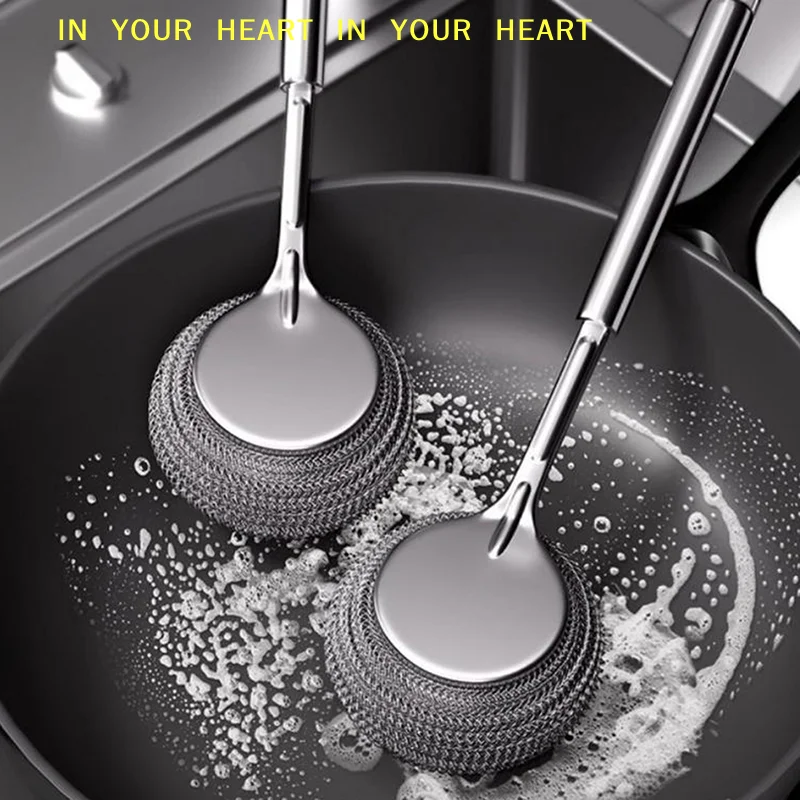 Strong Decontamination Cleaning Brush Long Handle Pot Brush Kitchen Pan Pot Dishes Cleaning Brush Steel Wire Metal Wool Scourer