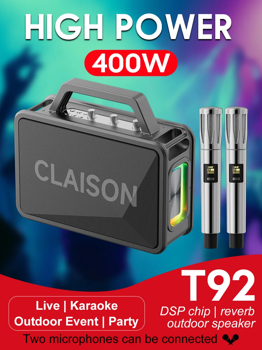 CLAISON T92 Sistema de audio inalámbrico Tu mejor compañero de karaoke Altavoz Bluetooth de karaoke portátil al aire libre con alto volumen