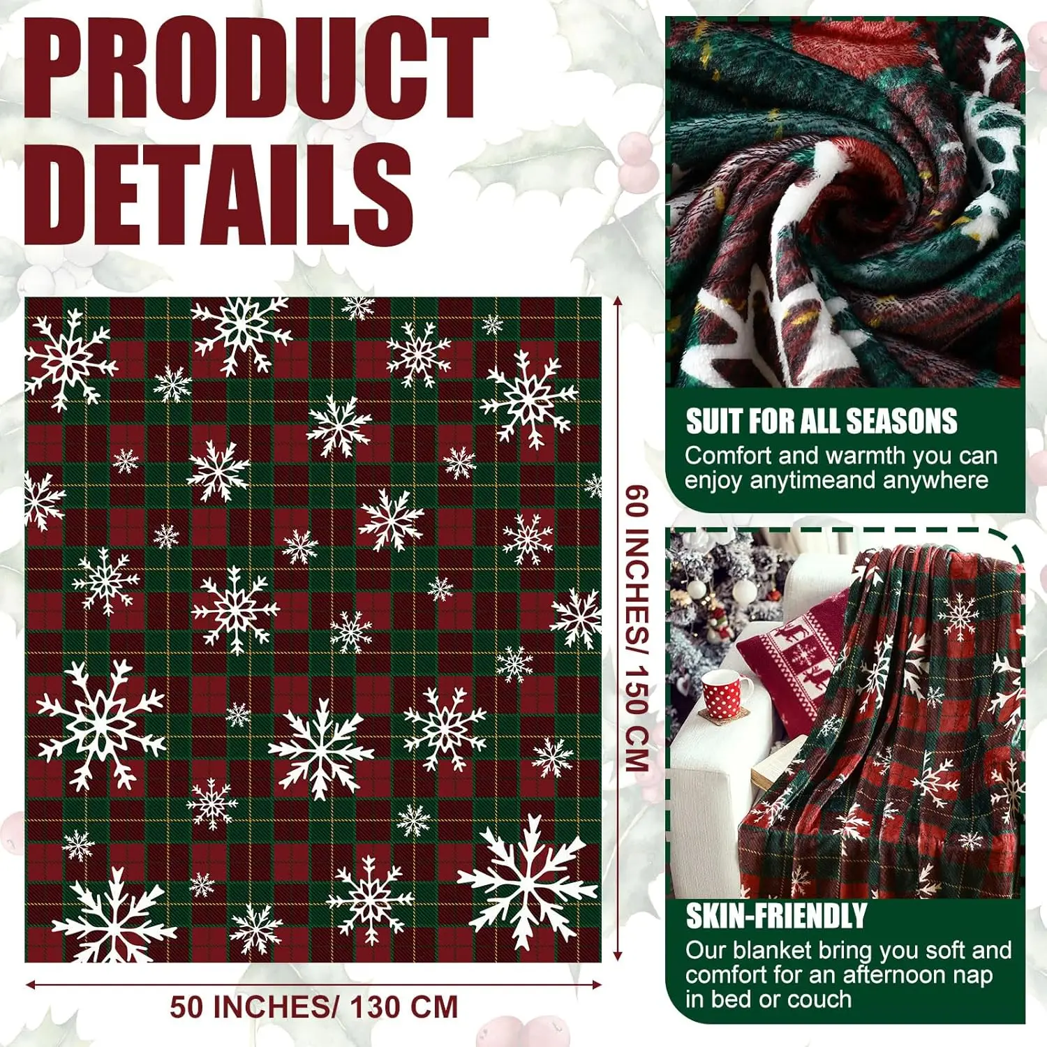 Holiday Christmas Blanket Plaid Design With Snowflakes And Reindeer Antlers Soft Plush Material Cozy Living Room Sofa Cover