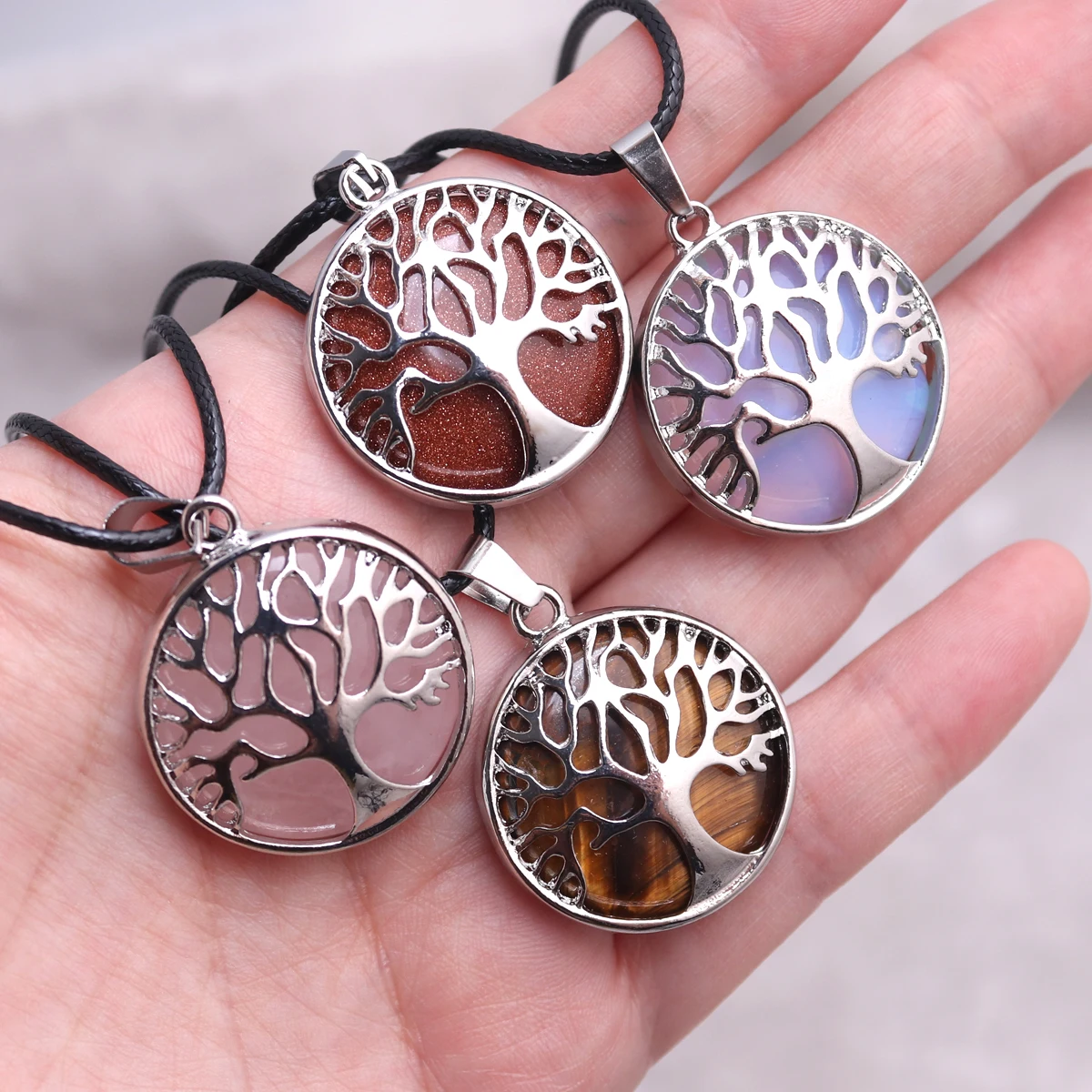 1PCS  Life Of Tree Alloy Natural Stone Pendant Necklace Tiger Eyes Crystal Quartz Healing Energy Meditation Men Jewelry