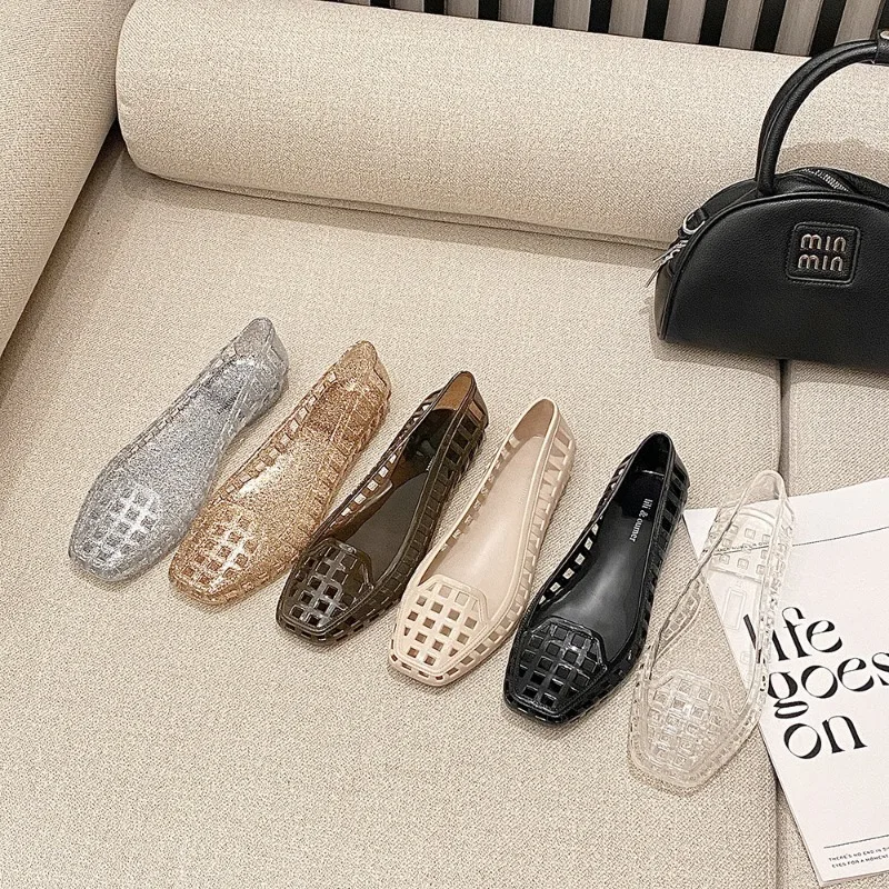 Sandalias planas para mujer con malla transparente hueca de color, zapatos de gelatina, calzado plano para caminar a diario, tallas grandes 35-40, calzado de PVC suave