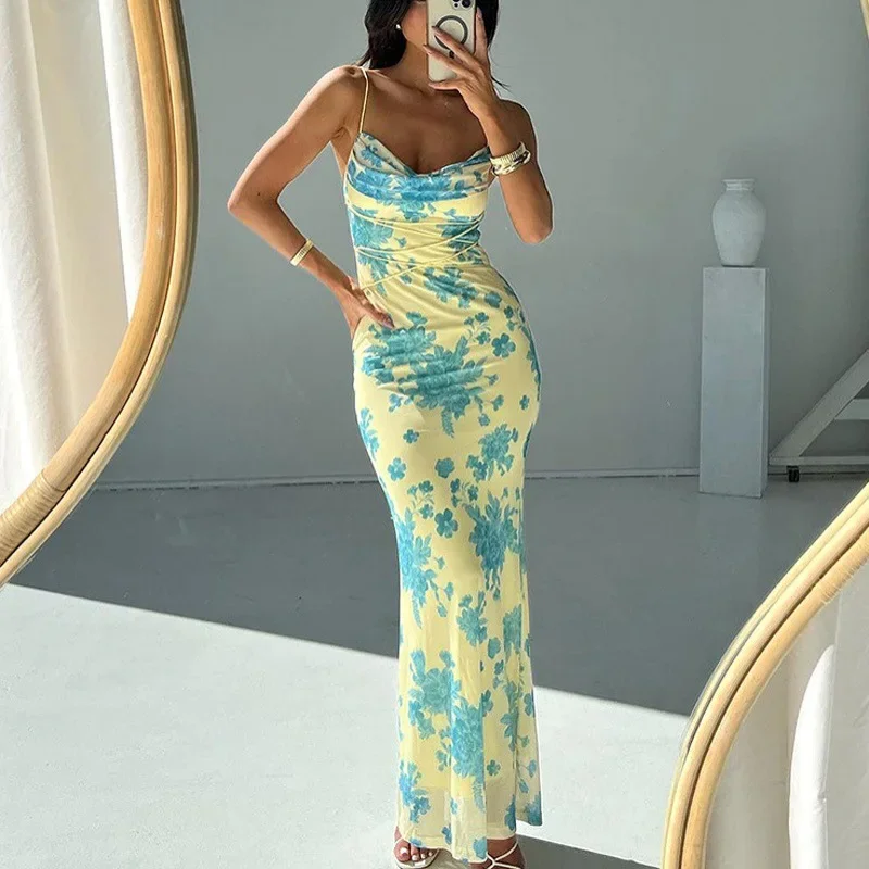 

Backless Lace Up Slip Dress Summer Women Flower Print Sweetheart Sexy Slim Bodycon Dresses Elegant Mermaid Partywear Y2k