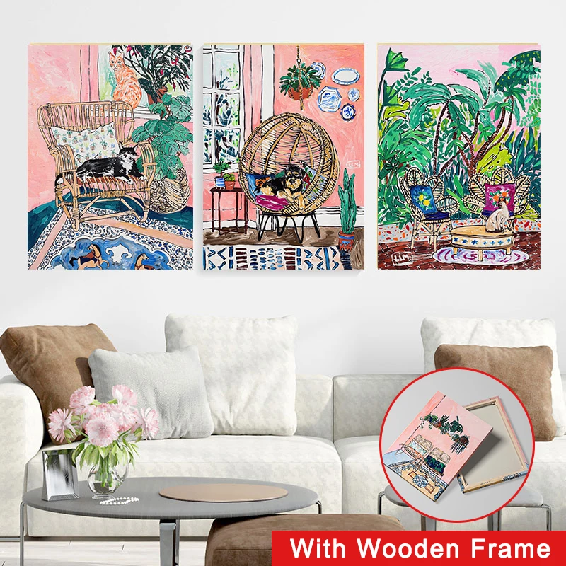 

Framed Nostalgic Retro Oil Canvas Painting Sofa Cat Plant Posters and Prints Wall Art Pictures for Living Room Home Decoration