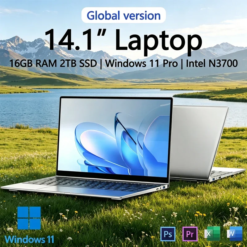 

New Ultra Slim Laptop 14.1 16GB RAM 2TB SSD Intel N3700 Gaming PC 1920*1080 Display Office Study Computer PC Windows 11 Pro