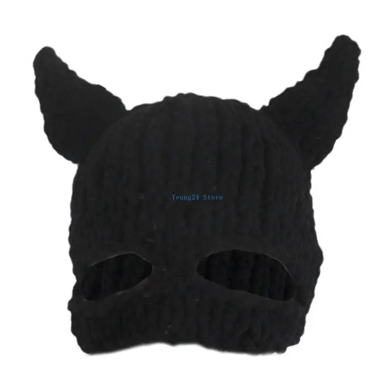 

P8DB Halloween Facecover Hat for Adult Unisex Theme Party Costume Bat Horn Hat Novelty Hat Winter Warm Windproof Caps