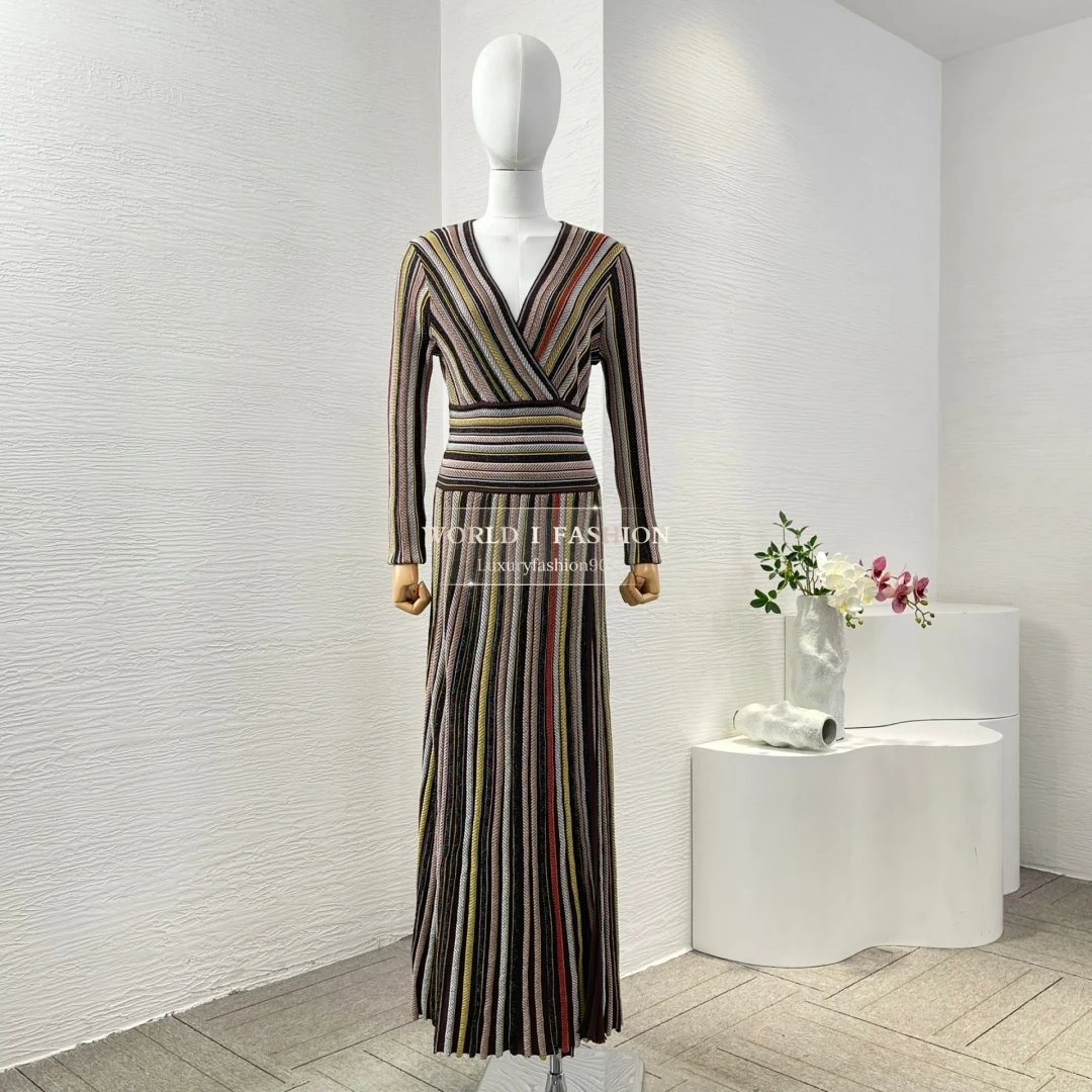 

Brown Yellow Striped Print Long Sleeve Midi Dress