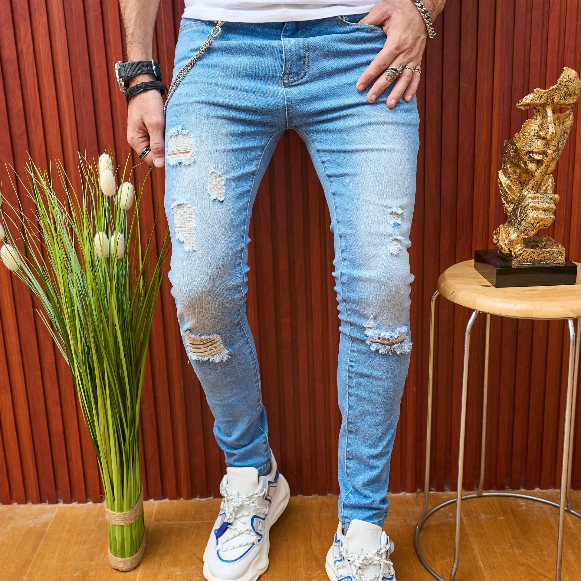 Jean Délavé Déchiré en Denim pour Homme, Pantalon Crayon à Trous, Longueur de Rinçage, Poches Moulantes, Coupe Slim, Vintage, Moto Biker, 2024