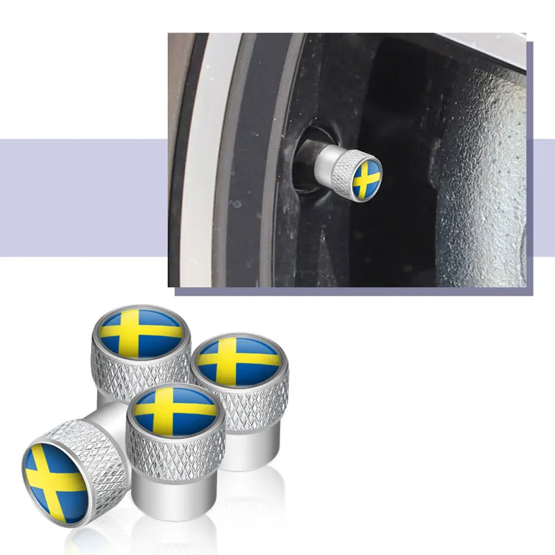 Sweden Swedish Flag Emblem Car Wheel Tire Valve Caps Tyre Rim Stem Covers Dustproof For Volvo V40 V60 XC40 XC60 XC90 C30 4Pcs