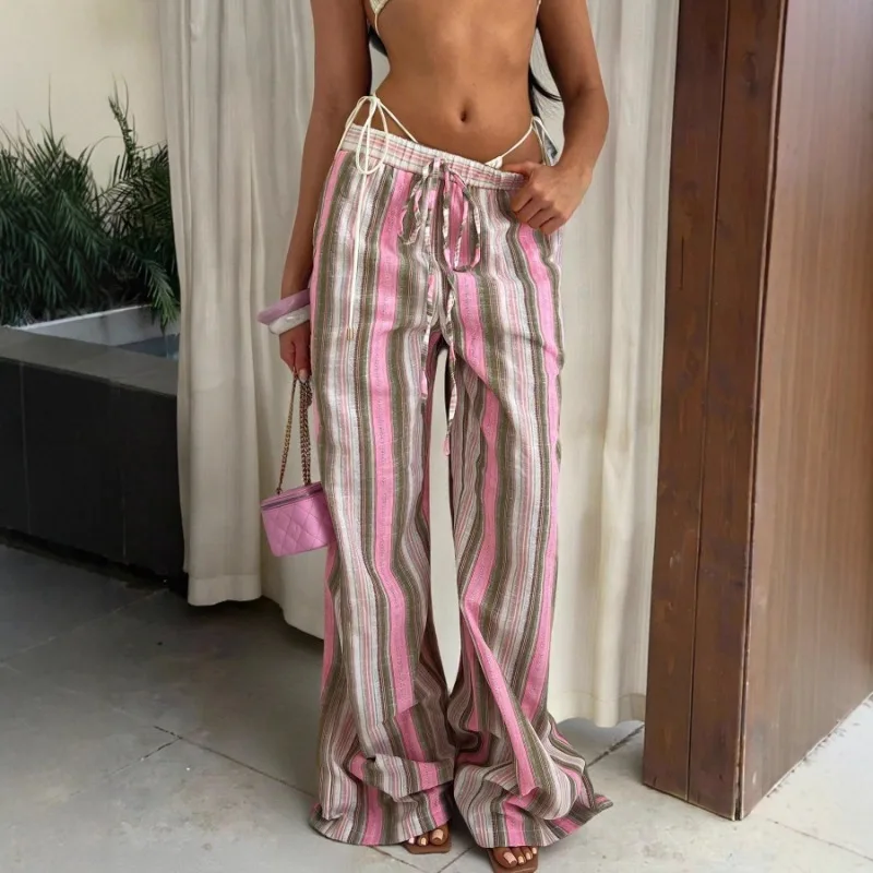 سراويل نسائية كاجوال مخططة بخصر مطاطي وواسعة الساق سراويل نسائية عصرية على طراز المنتجع