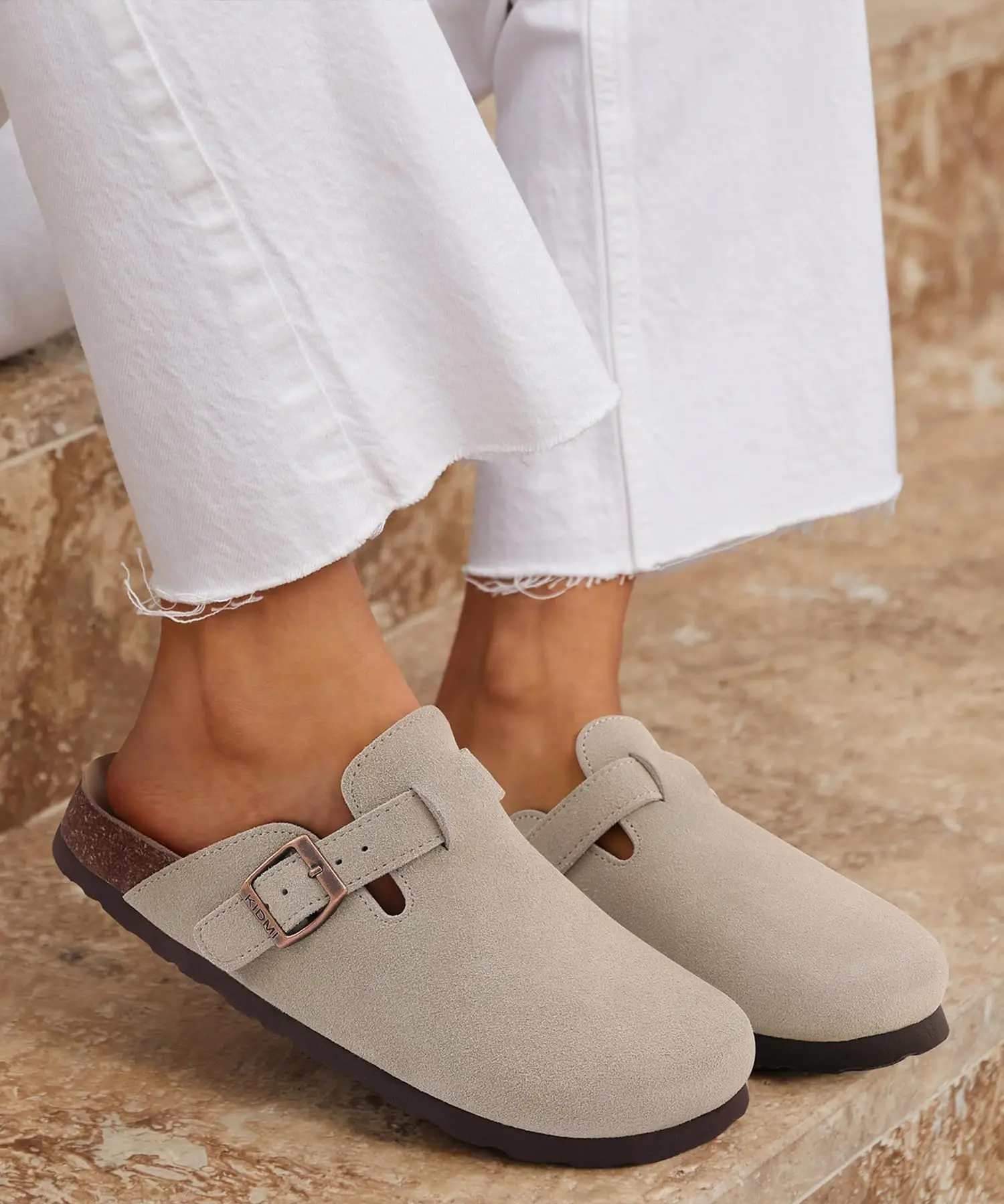 Shevalues Rutschfeste Unisex-Kartoffelschuhe mit Verstellbarer Schnalle, Korkfußbett, Veganen Wildleder-Clogs für Damen mit Fußgewölbestütze – Detail 12