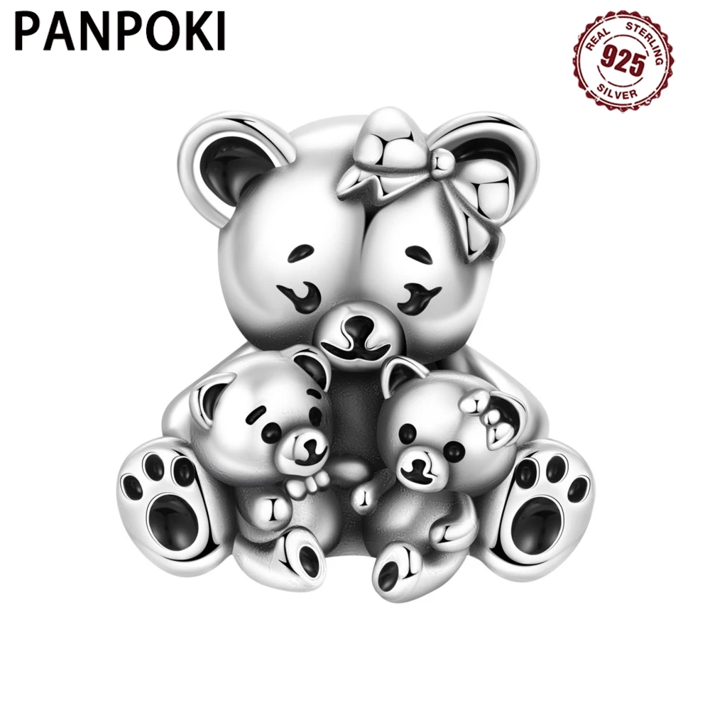 PANPOKI-abalorio de Plata de Ley 925 con bonito oso de peluche, cuentas colgantes de animales, pulsera, joyería, regalos DIY para fiesta