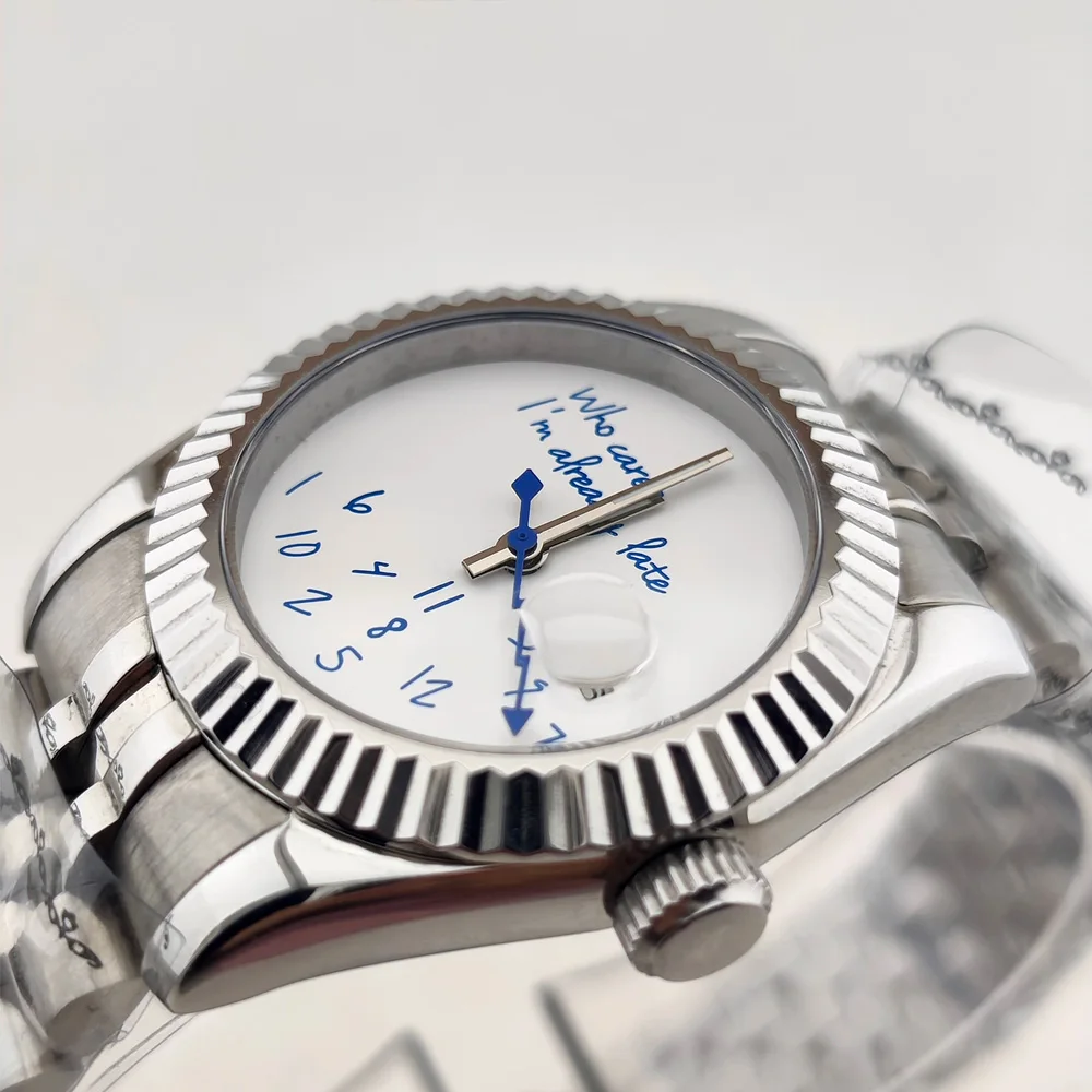 

NH05 Lady's Watch Who cares im already late Watch 31mm No Logo Blue Text Matte Dial Sapphire Crystal Glass Automatic Movement