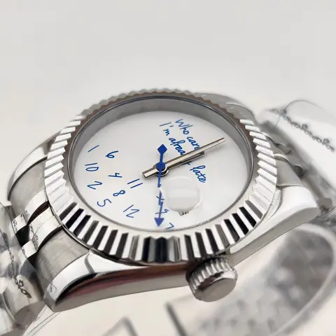 NH05 Lady's Watch Who cares im already late Watch 31mm No Logo Blue Text Matte Dial Sapphire Crystal Glass Automatic Movement