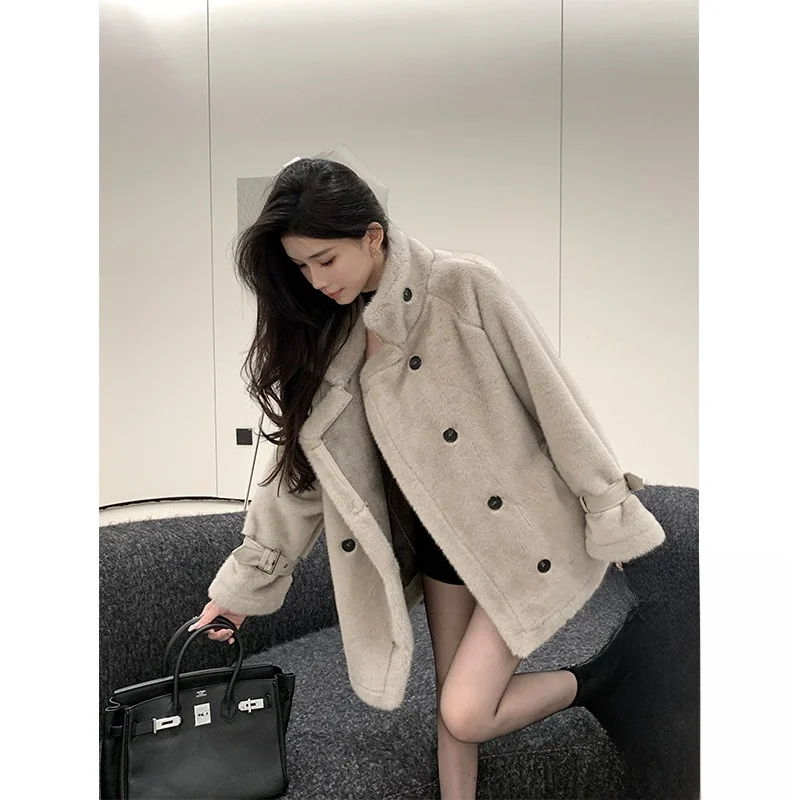 

Женское модное пальто Kubiliv с воротником-стойкой из искусственного меха, экологичное, с эффектом натуральной кожи и волоса