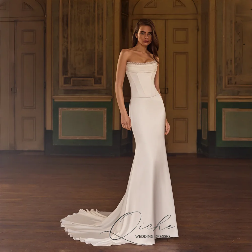 

QICHE Современные свадебные платья русалки с вырезом лодочкой и бисером без рукавов с открытой спиной на шнуровке Vestidos De Noiva длиной до пола по индивидуальному заказу