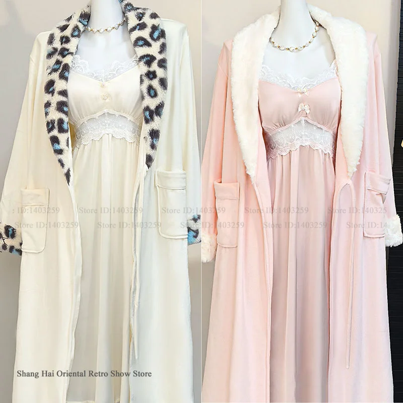 Herbst Winter Warme Insel Samt Lange Robe Nachthemd Set Frauen Nachtwäsche Sexy Leopard Hause Kleid Dessous Lose Bademantel Pyjama