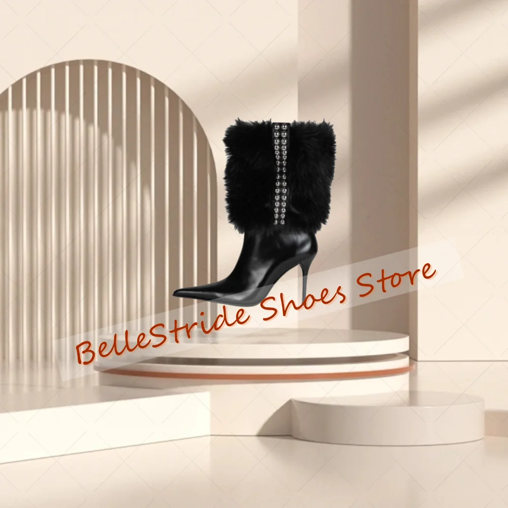 

Black Fur Decor Pointed Toe Boots Matte Leather Women Shoes Stilettos High Heels Party Banquet Dating 2025 Zapatos Para Mujere