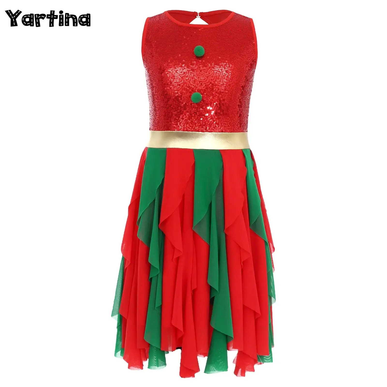 

Girls Sparkly Sequin Christmas Xmas Festival Princess Cosplay Costume Pompom Decor Tulle Patchwork Ballet Tutu Dance Dress